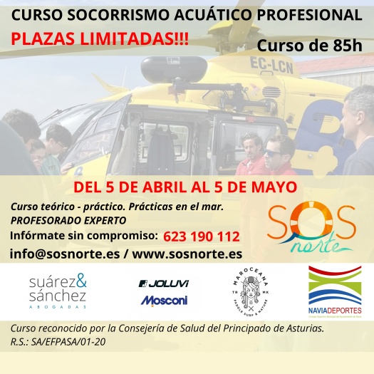 Cartel curso socorrismo acuático profesional 2024 en SOS NORTE, Navia (Asturias).